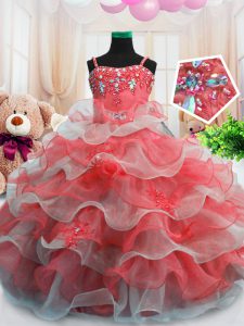Simple Red Spaghetti Straps Zipper Beading and Ruffled Layers Little Girls Pageant Dress Sleeveless