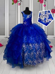 Blue Sleeveless Floor Length Appliques Lace Up Little Girl Pageant Gowns