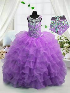 Lavender Little Girls Pageant Gowns Party and Wedding Party with Beading and Ruffled Layers Scoop Sleeveless Lace Up