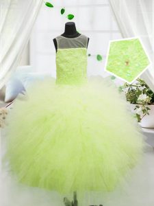 Yellow Green Ball Gowns Scoop Sleeveless Tulle Floor Length Zipper Beading and Appliques Pageant Gowns For Girls
