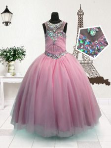 Scoop Floor Length Pink Little Girl Pageant Gowns Organza Sleeveless Beading