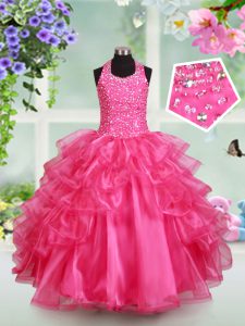 Modern Ruffled Floor Length Hot Pink Girls Pageant Dresses Halter Top Sleeveless Lace Up