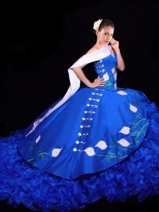 Royal Blue Sleeveless Embroidery and Ruffles Lace Up Vestidos de Quinceanera