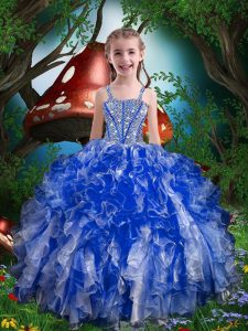 Unique Royal Blue Lace Up Spaghetti Straps Beading and Ruffles Kids Formal Wear Organza Sleeveless