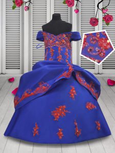 Best Off the Shoulder Royal Blue Lace Up Pageant Gowns For Girls Beading and Appliques Sleeveless Floor Length