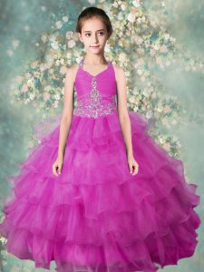 Halter Top Organza Sleeveless Floor Length Kids Formal Wear and Beading and Ruffled Layers