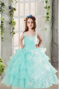 Glorious Light Blue Square Lace Up Lace and Ruffled Layers Little Girls Pageant Gowns Sleeveless