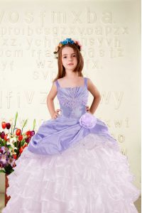 Trendy Lavender Straps Neckline Beading and Ruffled Layers and Hand Made Flower Little Girls Pageant Dress Sleeveless Lace Up