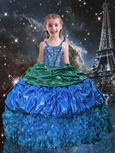 Blue Spaghetti Straps Lace Up Beading and Ruffles and Pick Ups Girls Pageant Dresses Sleeveless