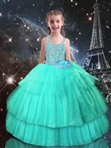 Popular Floor Length Ball Gowns Sleeveless Turquoise Girls Pageant Dresses Lace Up