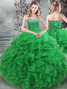 Floor Length Lace Up 15 Quinceanera Dress Green for Military Ball and Sweet 16 with Beading and Ruffles