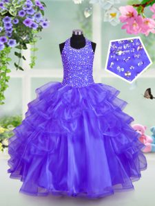 Charming Halter Top Blue Lace Up Little Girl Pageant Gowns Beading and Ruffled Layers Sleeveless