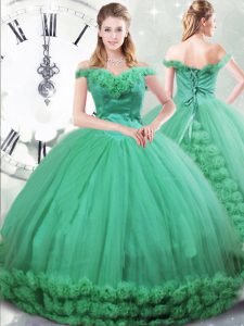 Adorable Turquoise Lace Up Off The Shoulder Hand Made Flower Vestidos de Quinceanera Fabric With Rolling Flowers Sleeveless Brush Train