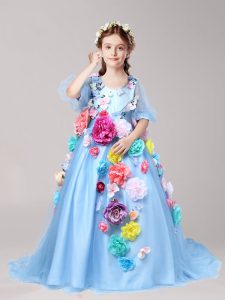 Baby Blue Kids Formal Wear Party and Quinceanera and Wedding Party with Hand Made Flower V-neck Half Sleeves Brush Train Zipper