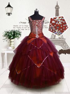 Perfect Fuchsia Tulle Lace Up Straps Sleeveless Floor Length Little Girls Pageant Dress Wholesale Beading and Belt
