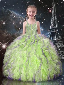 Sleeveless Organza Floor Length Lace Up Little Girl Pageant Dress in Yellow Green with Beading and Ruffles