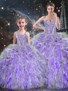 Lavender Lace Up Sweetheart Beading and Ruffles Quince Ball Gowns Organza Sleeveless