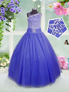 Enchanting Sleeveless Floor Length Beading Side Zipper Kids Formal Wear with Blue