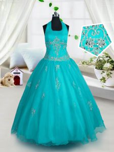 Halter Top Aqua Blue Sleeveless Appliques Floor Length Little Girls Pageant Dress Wholesale
