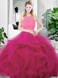 Dazzling Tulle Scoop Sleeveless Zipper Lace and Ruffles 15th Birthday Dress in Fuchsia