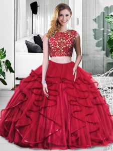 Charming Scoop Sleeveless Sweet 16 Dress Floor Length Lace and Ruffles Wine Red Tulle