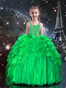 Latest Organza Spaghetti Straps Sleeveless Lace Up Beading and Ruffles Pageant Gowns For Girls in Apple Green