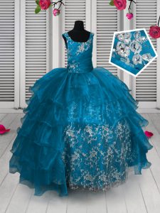 Sleeveless Floor Length Appliques and Ruffled Layers Lace Up Kids Formal Wear with Aqua Blue
