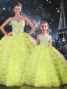Charming Yellow Green Sweetheart Lace Up Beading and Ruffles Quinceanera Gown Sleeveless