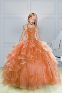 New Style Halter Top Beading and Ruffles Girls Pageant Dresses Orange Lace Up Sleeveless Floor Length