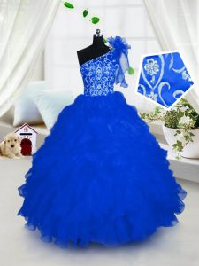 Best One Shoulder Embroidery and Ruffles Kids Pageant Dress Royal Blue Lace Up Sleeveless Floor Length