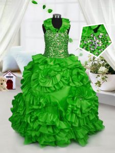 Halter Top Sleeveless Pageant Gowns For Girls Floor Length Beading and Ruffles Taffeta