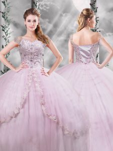 Fitting V-neck Cap Sleeves Tulle 15 Quinceanera Dress Beading and Appliques Brush Train Side Zipper