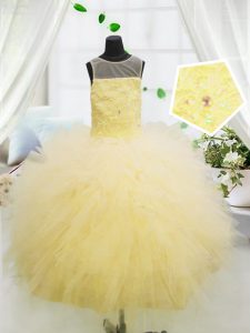 Light Yellow Little Girl Pageant Dress Party and Wedding Party with Beading and Appliques Scoop Sleeveless Zipper