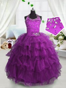 Latest Fuchsia Lace Up Scoop Beading and Ruffled Layers Little Girl Pageant Dress Organza Sleeveless
