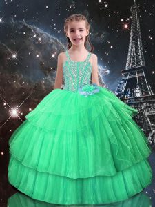 Floor Length Apple Green Pageant Gowns For Girls Tulle Sleeveless Beading and Ruffled Layers