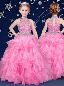 Affordable Halter Top Organza Sleeveless Floor Length Girls Pageant Dresses and Beading and Ruffles