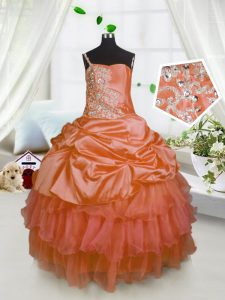 One Shoulder Sleeveless Satin and Tulle Floor Length Lace Up Child Pageant Dress in Orange with Beading and Ruffled Layers and Pick Ups