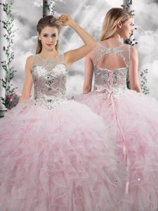 Affordable Baby Pink Ball Gowns Beading and Ruffles Ball Gown Prom Dress Lace Up Tulle Sleeveless Floor Length