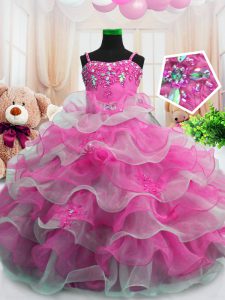 Hot Pink Kids Pageant Dress Party and Wedding Party with Beading and Ruffled Layers Spaghetti Straps Sleeveless Zipper