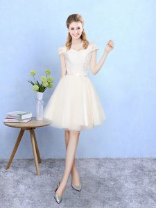 Beauteous Champagne Empire Tulle Off The Shoulder Cap Sleeves Lace Knee Length Lace Up Damas Dress