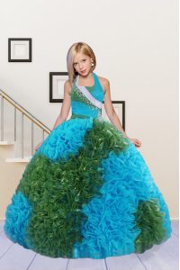 New Style Halter Top Baby Blue and Green Sleeveless Floor Length Beading and Ruffles Lace Up Girls Pageant Dresses