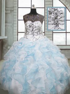 Glamorous Floor Length Blue And White 15 Quinceanera Dress Organza Sleeveless Beading and Ruffles