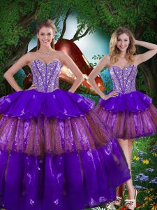Dramatic Beading and Ruffled Layers and Sequins Sweet 16 Dresses Multi-color Lace Up Sleeveless Floor Length