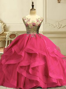 Organza Sleeveless Floor Length Quinceanera Dress and Appliques and Ruffles