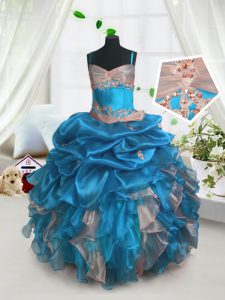 Fashion Pick Ups Ball Gowns Girls Pageant Dresses Baby Blue Spaghetti Straps Organza Sleeveless Floor Length Lace Up
