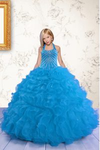 Mermaid Halter Top Sleeveless Little Girl Pageant Dress Floor Length Beading and Ruffles Aqua Blue Organza