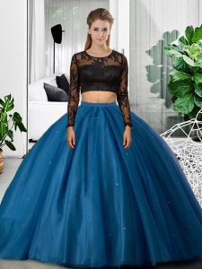 Hot Selling Floor Length Backless Quinceanera Dress Blue for Military Ball and Sweet 16 and Quinceanera with Lace and Ruching