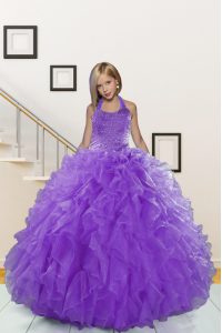 Custom Design Ball Gowns Kids Formal Wear Lavender Halter Top Organza Sleeveless Floor Length Lace Up