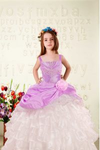 Simple Organza Straps Sleeveless Lace Up Beading and Ruffled Layers and Hand Made Flower Kids Formal Wear in Fuchsia