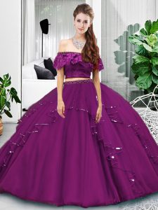 Fantastic Off The Shoulder Sleeveless Quinceanera Dresses Floor Length Lace and Ruffles Eggplant Purple Tulle